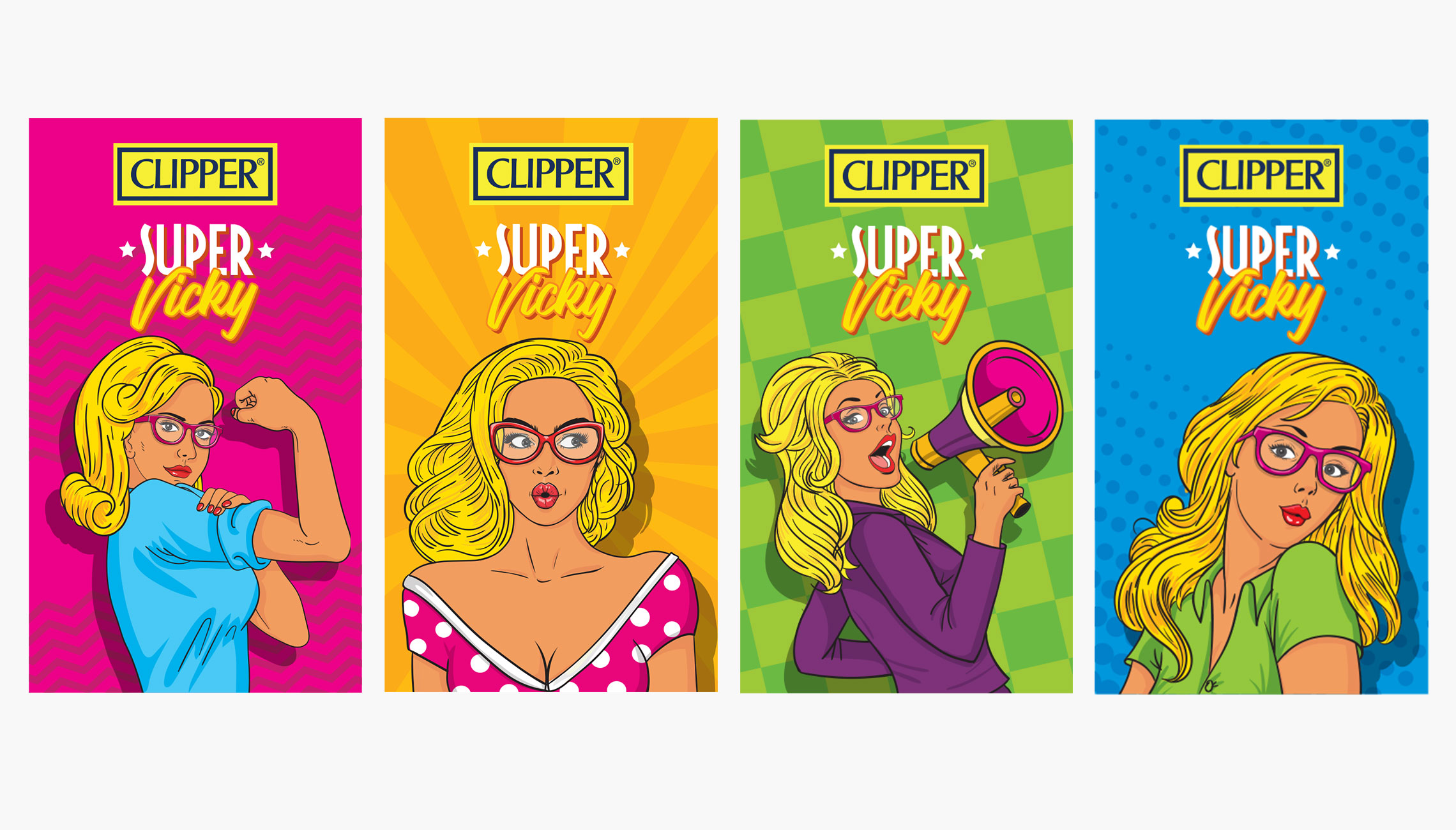 Ilustración estilo PopArt para serie de encendedores Clipper